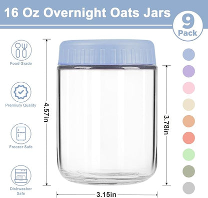 Overnight Oats Containers with Lids, 16oz Wide Mouth Mason Jars with Lids, 9 Pack Glass Jars with Airtight lid for Chia Pudding Yogurt Salad, Meal Prer Oatmeal Jars, Blue