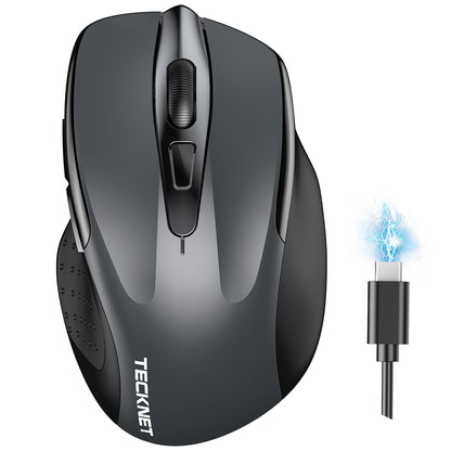 TECKNET Wireless Mouse (BT5.0/3.0 & 2.4G) Rechargeable 4800 DPI Silent USB A & Bluetooth Mouse 6 Buttons, Wide Compatibility - Grey