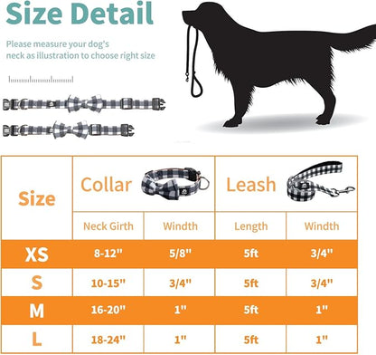 IVY&LANE Dog Collar with Bowtie and Leash Set | Plaid Adjustable Dog Collar | Detachable Bow Tie |5 FT Dog Leash | for Small Medium Large Dogs | Checkered Black | Small