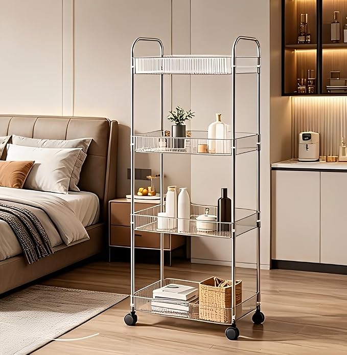 Sooyee Clear 4-Tier Plastic Rolling Utility Cart with Wheels, Multi-Functional Storage Trolley for Office, Living Room, Kitchen, Movable Storage Organizer with Wheels