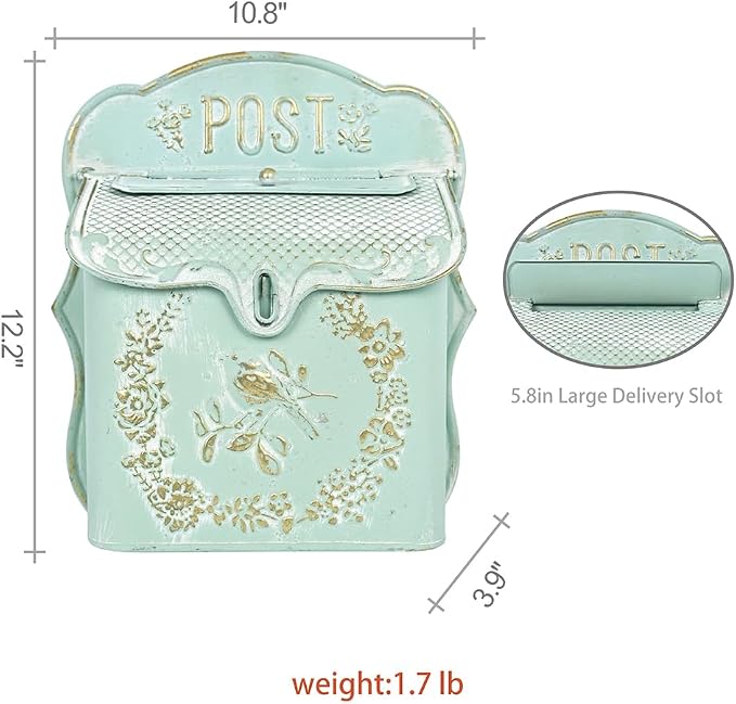 Mailbox Wall Mount Mailboxes for Outside Vintage Mail Boxes for House Outside Metal Drop Box Antique Style Nostalgic Charm Home Decorative, Bird Pattern, Green