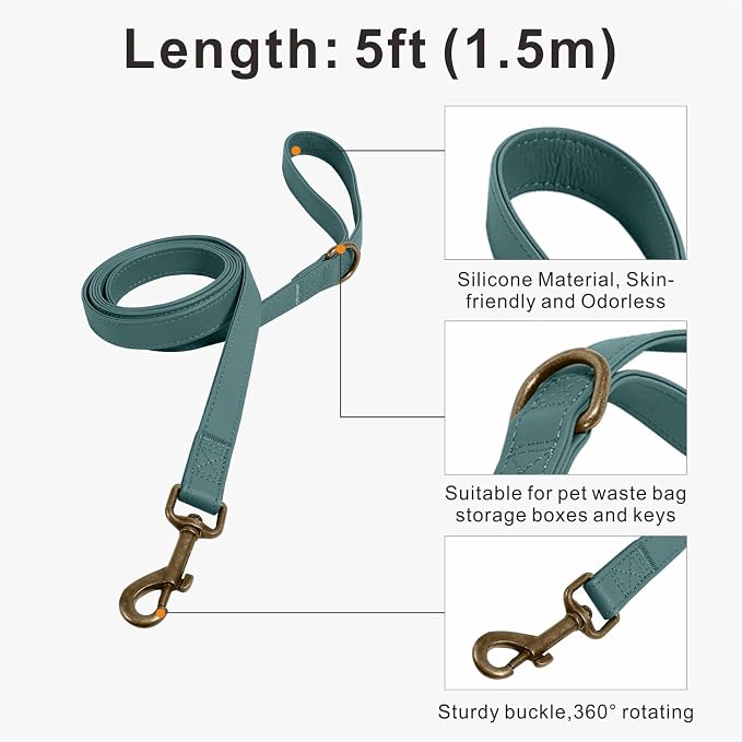 Silicone Dog Collar and Leash Set, Waterproof & Odor-Proof Puppy Collar for Small Dogs, Soft Flexible Leather-Look Dog Collars, Durable Thick Adjustable Pet Collar (Green, Large (16-24.5" Neck))