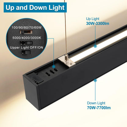 Xbuyee 8FT Linkable LED Linear Light, 100/90/80/70/60W Adjustable, 3000K/4000K/5000K Selectable Linear Lighting Fixture, 0-10V Dimmable Architectural Hanging Office Shop Light for Retails, ETL 2Pack
