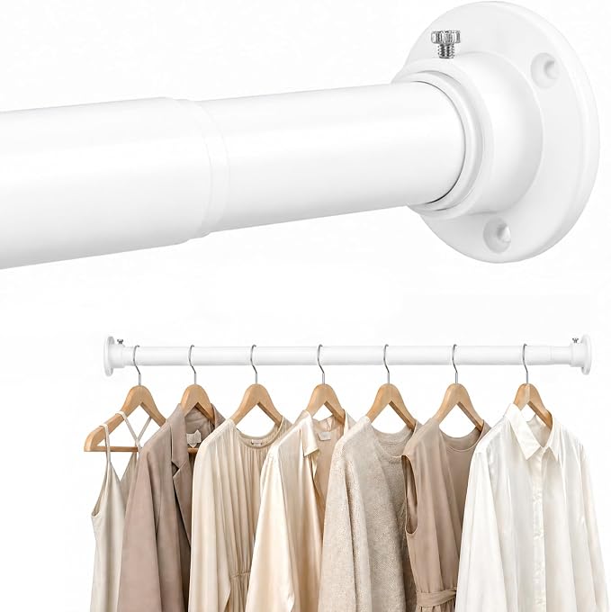 Closet Rod Adjustable 17 to 98 Inch, 1-1/4” Diameter, Closet Rods for Hanging Clothes, Stepless Metal Heavy Duty Hanging Rod for Closet Wardrobes Laundry RV (White)