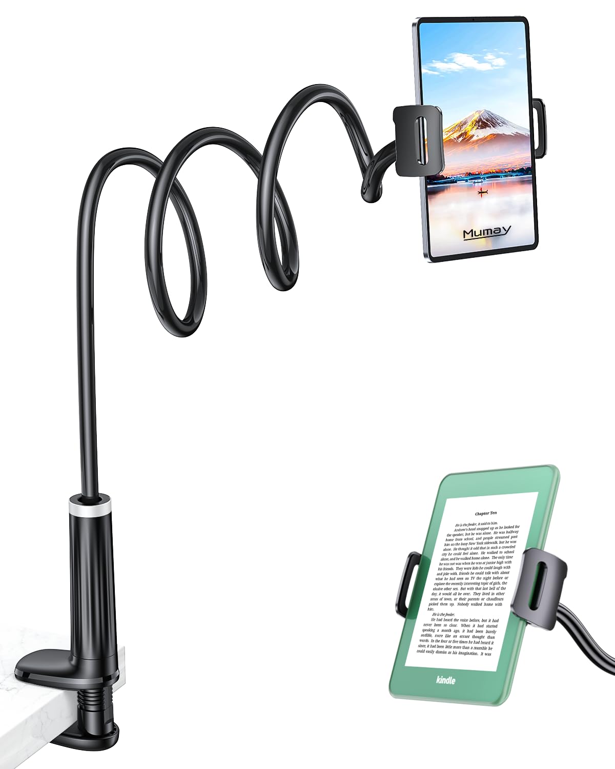 Mumay 42" Long Arm Tablet Holder for Bed with 360° Rotating Base: Flexible Gooseneck Stand Compatible with iPad Pro Air Mini | Kindle | Switch & Other 4–13" Devices