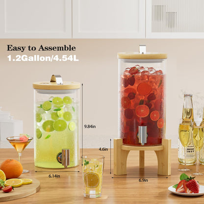 VOVUVK 1.2 Gallon Glass Drink Dispenser For Parties, beverage dispenser with Bamboo wood stand And Stainless Steel Spigot, Juice or lemonade dispenser Laundry Detergent Dispenser (1 PACK)
