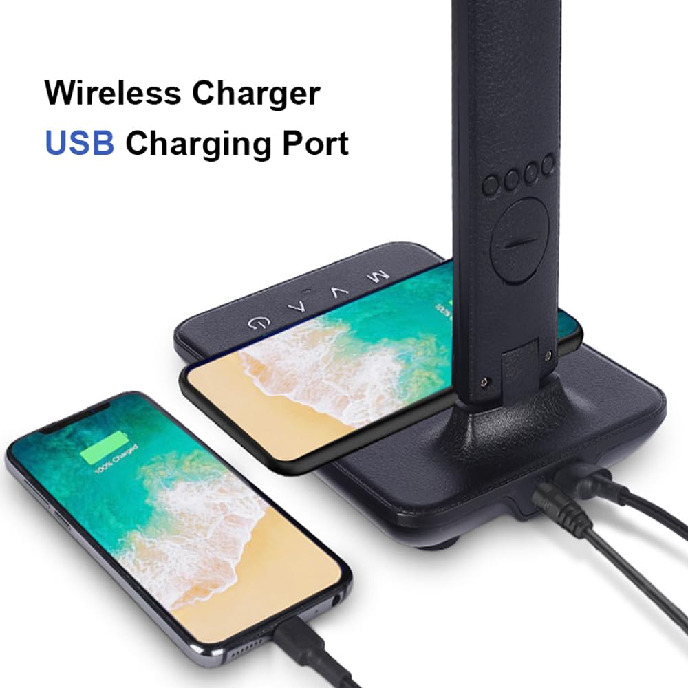 Multifunctional LED Desk Lamp with Wireless Charger,USB Charging Port,Clock,Phone Holder,Desk Lamps for Home Office,Eye-Caring Reading Lamp,Study Lamp for Boys,Girls,Teens,White