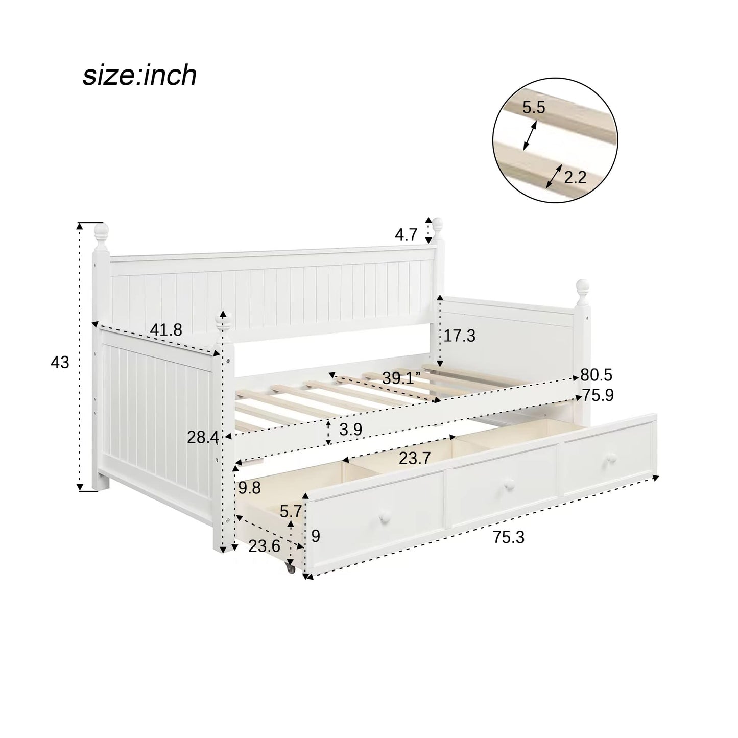 Ball & Cast Twin Size Daybed with Two Storage Drawers, Wooden Day Bed Frame with Slatted Backrest and Armrest, Mordern Sofa Bed with Clean Lines, No Box Spring Needed,White