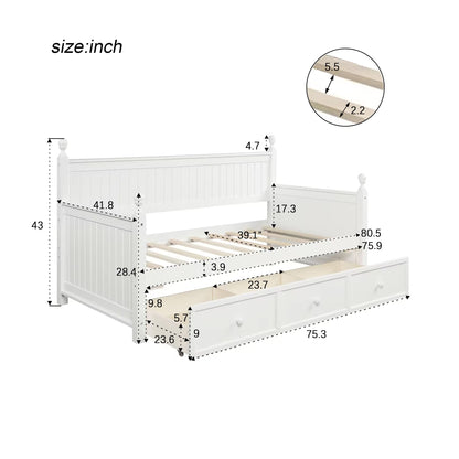 Ball & Cast Twin Size Daybed with Two Storage Drawers, Wooden Day Bed Frame with Slatted Backrest and Armrest, Mordern Sofa Bed with Clean Lines, No Box Spring Needed,White