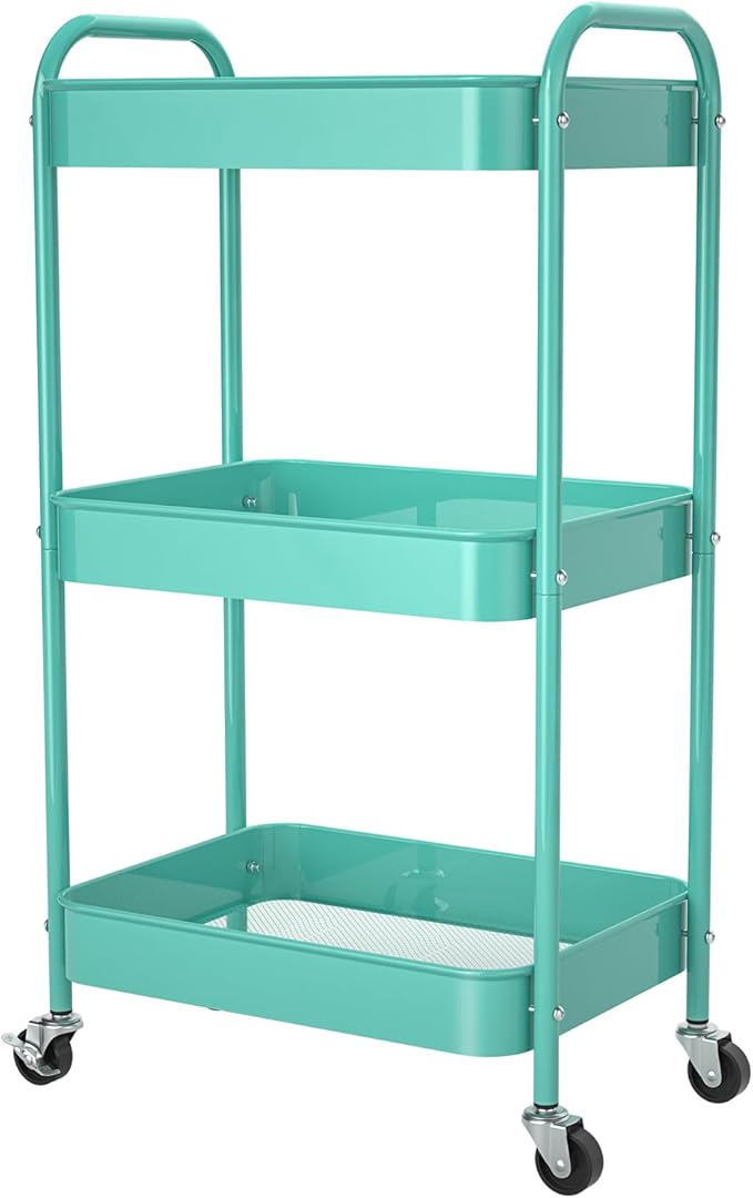 3-Tier Rolling Cart, Metal Utility Storage Carts with Wheels,Blue | Multi-Functional Organizer Easy Assembly Snack Cart