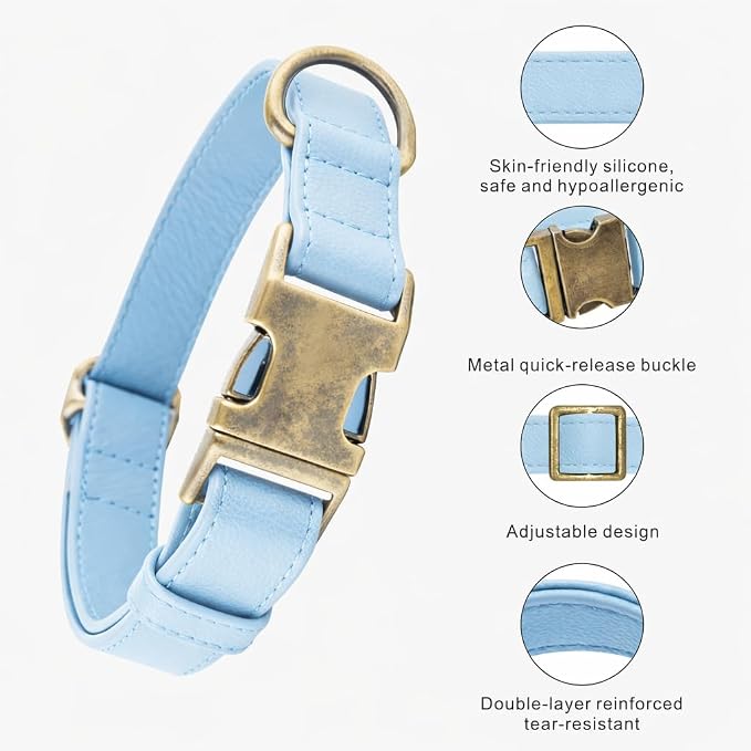 Silicone Dog Collar and Leash Set, Waterproof & Odor-Proof Puppy Collar for Small Dogs, Soft Flexible Leather-Look Dog Collars, Durable Thick Adjustable Pet Collar (Blue, Medium (12.5-20" Neck))