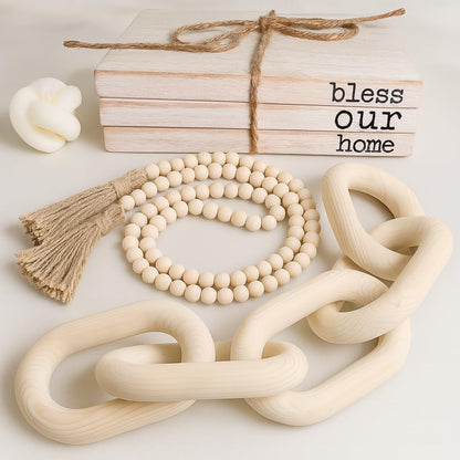 Boho Decor Set – 4-Piece Neutral Home Accents for Shelf, Entryway, Coffee Table – Includes Faux Wood Books, Bead Garland, Rustic Chain & Scented Knot Candle – Farmhouse & Minimalist Style