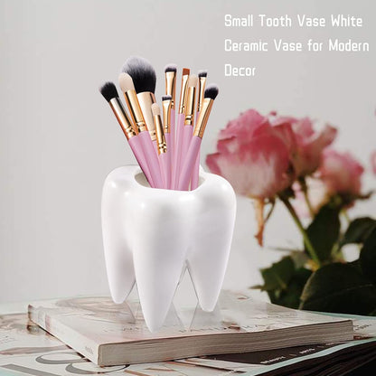 LECMACY Cute Tooth Shaped White Ceramic Planter Pots Flower Plant Containers, Mini Ceramic Succulent Planter Pots, Creative Pen Pencil Holder for Office Home Desk Decor, Plants Not Included (6 Pcs)