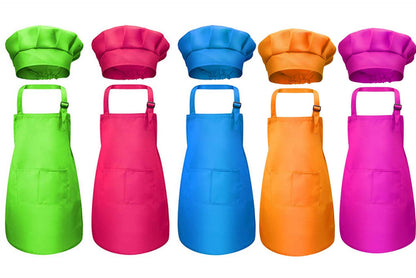 Tamicy 10 Pieces Kids Chef Hat and Apron Set - Child Kitchen Bib Aprons with Pockets Girls Boys Chef Hats for Cooking Baking Gardening Painting Wear (Rose Red,Green,Blue,Orange,Purple)