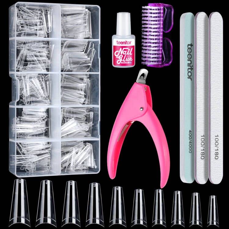 Teenitor Clear Coffin Nail Tips Set, Long Acrylic Nail Kit Full Cover Clear Press On Nails, 600 Pcs Fake Nails with Glue, Acrylic Nail Clipper Files and Buffer Polisher