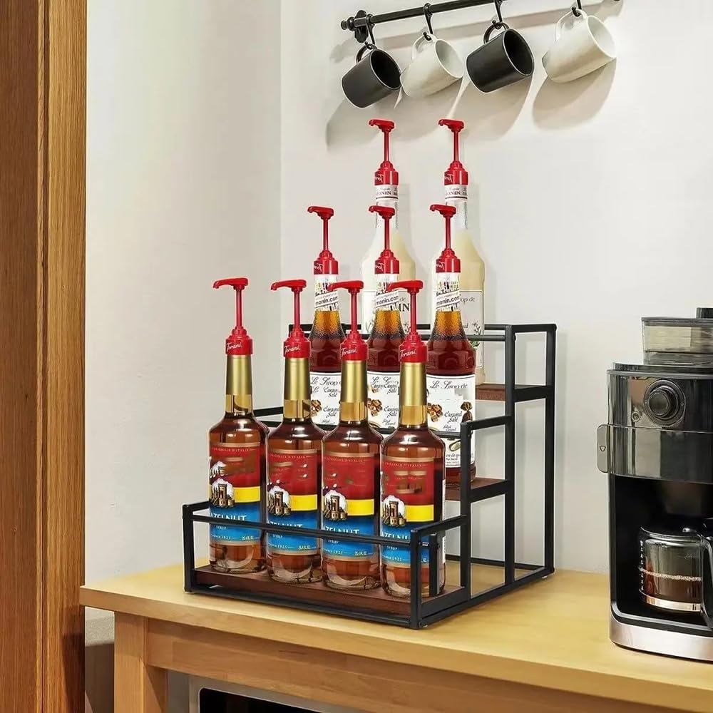 DHUJBFF 3-Tier Wooden Countertop Organizer - Wine Rack & Spice Shelf for Kitchen, Holds 9 Bottles, Space Saver for Coffee Bar, Syrup, Oil, Dining Room Decor