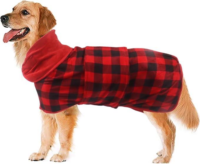 Geyecete Dog Drying Coat - Fast Drying Dog Bathrobe Towel - Microfibre Super Absorbent Pet Cat Bath Robe - Red Black Grid-S