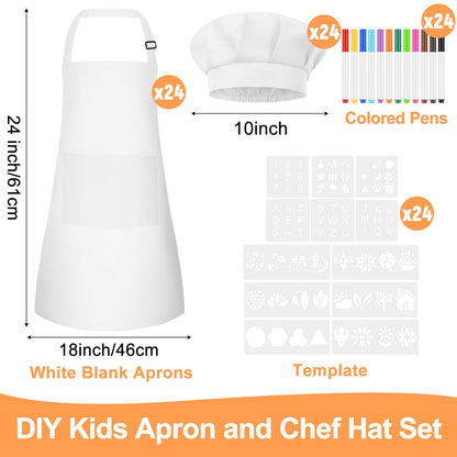 BOUBONI 12 Sets Kids Apron and Chef Hat Set Adjustable Toddler Apron with Colored Pen Template for Baking Painting Crafts