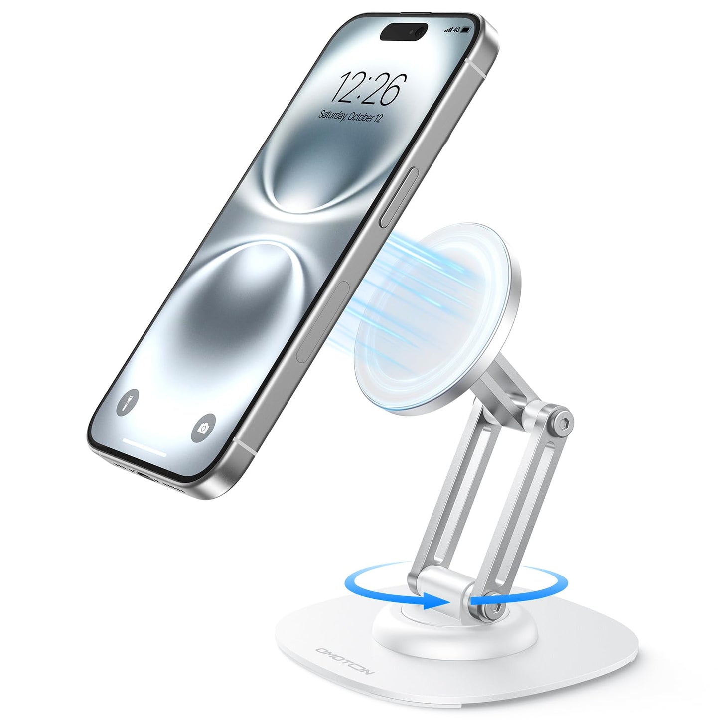 OMOTON 360°Rotating Magnetic Phone Stand for Desk, Adjustable Foldable Aluminum for MagSafe Cell Phone Stand Holder with Non-Slip Base, for iPhone 17/16/15/14 Pro Max Air/MagSafe Case- Black