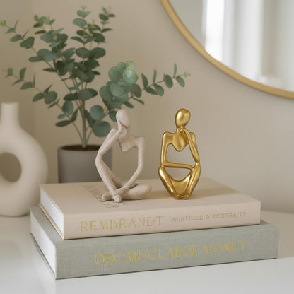 4 Pcs Decorative Books & Thinker StatueSet - Linen Boxes & Resin Sculptures Enhance Your Coffee Table, Bookshelf or Mantle Decor - Living or Entryway Home Decoration Aesthetic, Photo/Keepsake Storage