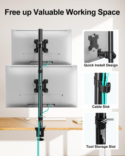 MOUNT PRO Vertical Dual Monitor Stand, Stacked Monitor Mount for 2 Monitors Up to 32 inches, Computer Monitor Arm with Swivel, Tilt, Height Adjustable, Each Monitor Desk Mount Holds up to 17.6 lbs
