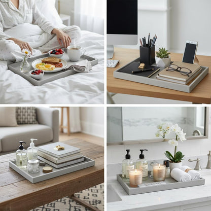 Galopgen 25 * 15 Inch Rectangular Ottoman Tray | Textured PU Leather, Waterproof & Heat-Resistant Storage for Coffee/Dining Tables, Sofa, Bed, Entertainment & Party (Tranquil Beige, 25 * 15in)