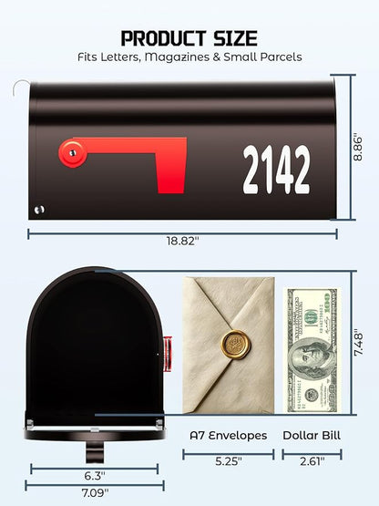 AZUNO Mailboxes for Outside, Metal Post Mount Mailbox with Red Flag & Address Numbers, Medium Capacity Mailbox for House, Galvanized Steel,19 * 8.9 * 7.1 inches, Dark Bronze