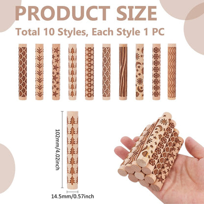 UNICRAFTALE 10Pcs Wooden Clay Texture Rollers Set for Pottery 10 Styles Ceramics Potters Stamp Roller Tools 102mm Textured Rolling Pins Modeling Pattern Rollers Kit for DIY Handmade Art Supplies