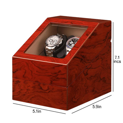 Mineesi Watch Winder Box for Automatic Watches, 2-Watch Winder with Quiet Motor, Handcrafted Piano-Finish Wooden Watch Winder Spinner Box with 2 Storage Case for Men's & Women's Watches (Tawny Brown)