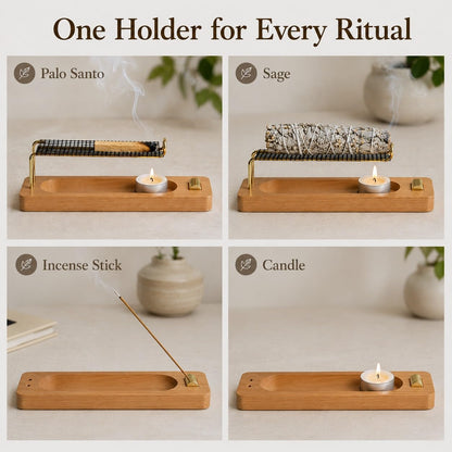 4 in 1 Incense Holder for Sticks, Palo Santo and Sage Holder, Wooden Incense Burner with Ash Catcher, 2 in 1 Incense and Candle Holder, Unique Incense Stick Holder for Yoga Meditation Decor