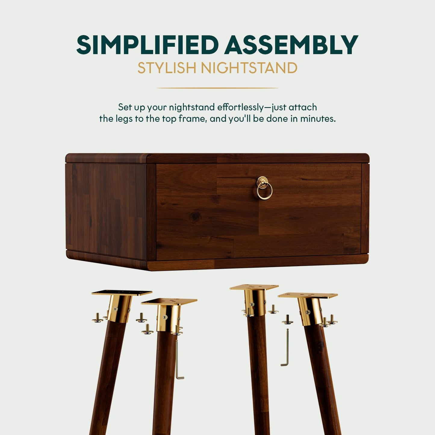 Bme Alden Solid Wood Nightstand/Side Table/End Table, Fully Assembled, with 1-Drawer for Mid Century Bedroom and Living Room, (12mm), Dark Chocolate