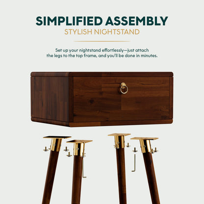 Bme Alden Solid Wood Nightstand/Side Table/End Table, Fully Assembled, with 1-Drawer for Mid Century Bedroom and Living Room, (12mm), Dark Chocolate