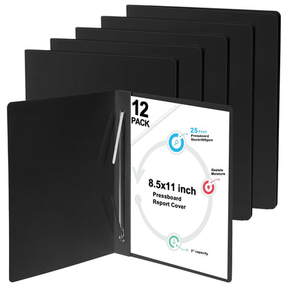 12 Pcs Pressboard Report Cover Letter Size 3" Capacity Presentation Binder Folder 8.5x11 Inch Metal Prong Fastener with Compressor for Reports Business Contract Proposal Documents, Black