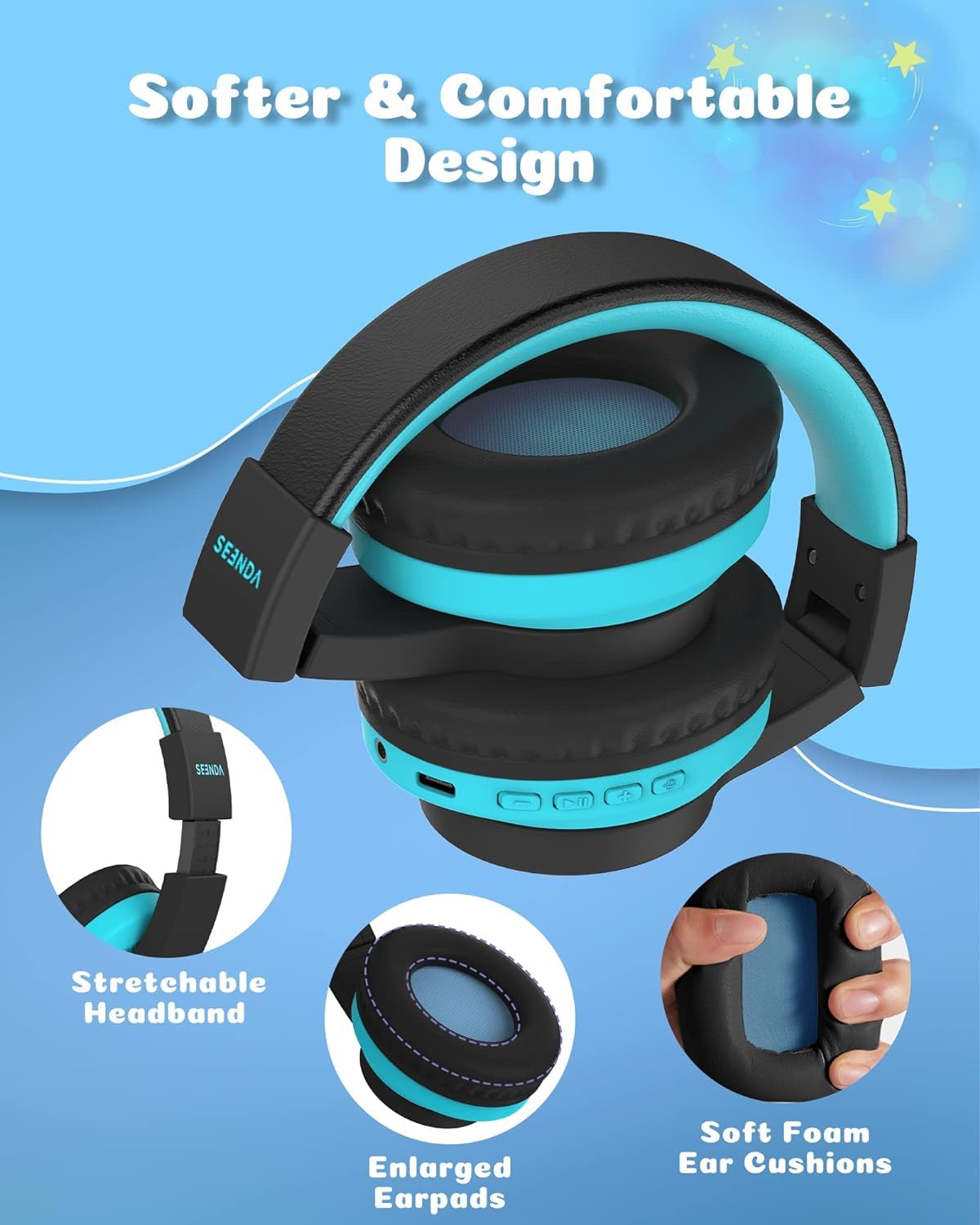 seenda Kids Bluetooth Headphones Boys, JCH-01 Kids Wireless Headphones for School, 85/94dB Volume Limited, 45H Playtime, 3 Lighting Modes, Built-in Mic Headset with Aux Cord for iPad/Tablet/Travel