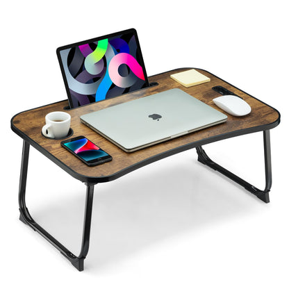 VIFOCAE Foldable Lap Desk, Laptop Bed Desk, Portable Lap Table, Laptop Bed Table with Cup Holder & Tablet Slot & Lifting Handle for Working Writing Drawing & Eating - Rustic Brown