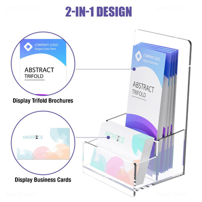 NiOffice Clear Acrylic Brochure Holder, 4.1" Brochure Display Stand with Business Card Holder, Plastic Flyer Holder Pamphlet Stand Wall Mount or Countertop for Booklets, Magazine, Trifold, Menu, 2PK