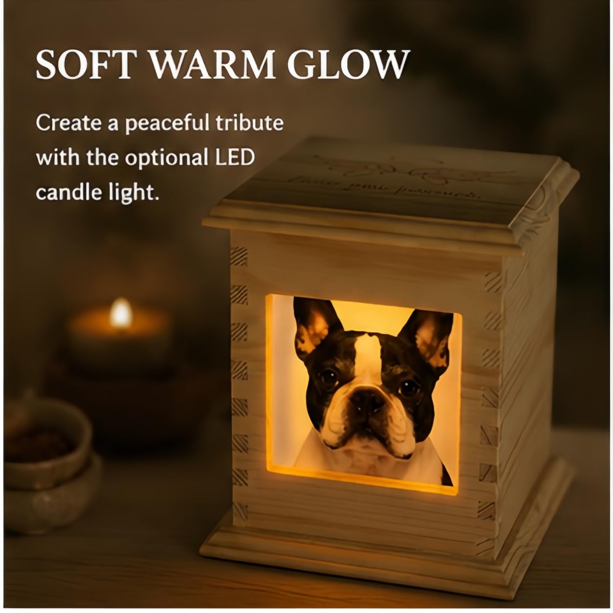 Pet Memorial Urn for Dogs & Cats with Photo Frame, Wooden Keepsake Ashes Box with Engraved Lid, Sympathy Gift for Loss of Pet, Decorative Memorial Box for Home Display