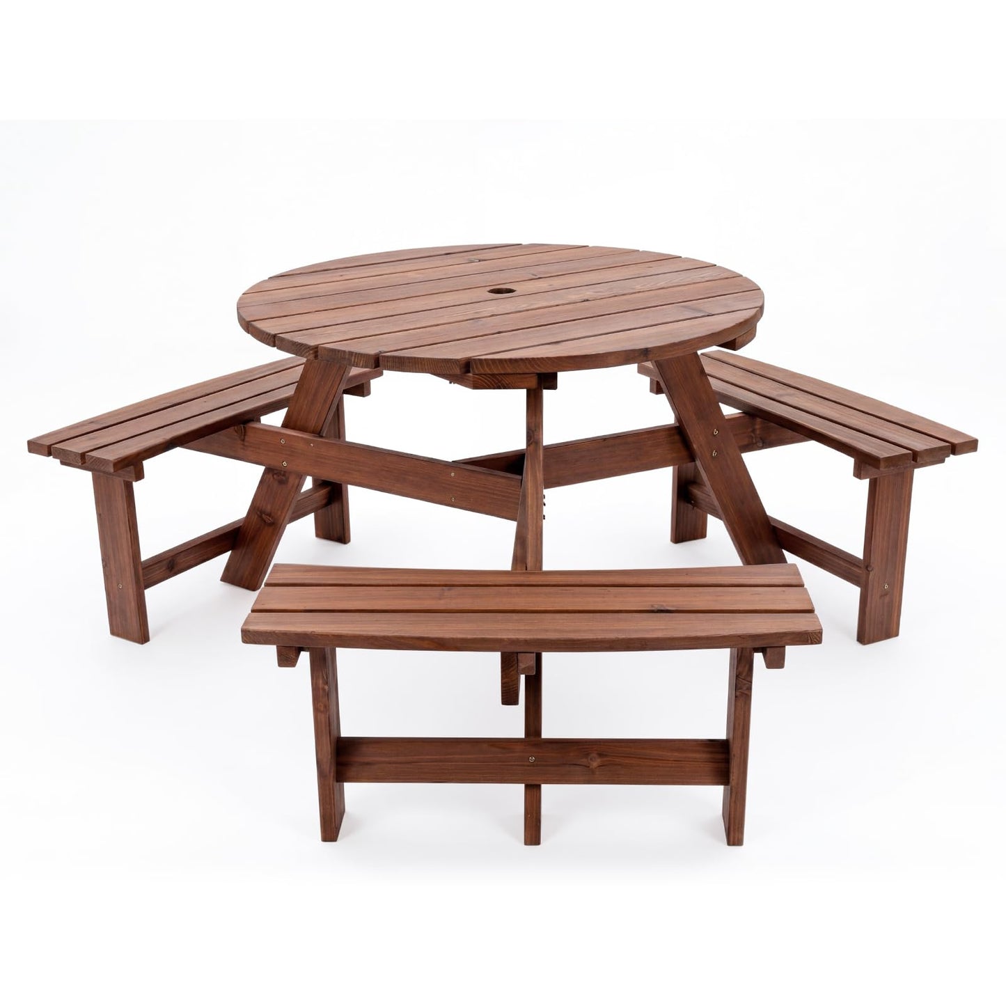 Garvee 6 Person Wooden Picnic Table, Outdoor Picnic Tables with 3 Built-in Benches, Circular Camping Dining Table and Chairs Set with Umbrella Hole for Garden, Patio, Backyard, Walnut Brown