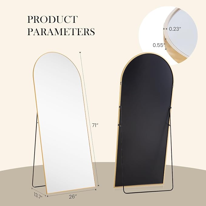NEWBULIG Arched Mirror Full Length, 71"x26" Body Wall Mirrors with Shatter-Proof Glass, Upgraded Floor Standing Mirror, Hanging or Leaning, with Stand Aluminum Alloy Frame for Home Decor, Gold