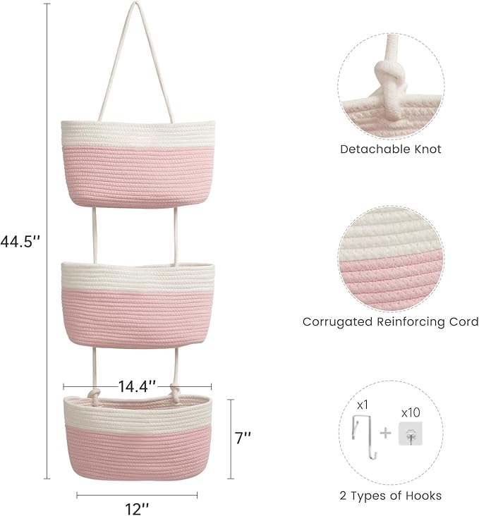 TeoKJ Over the Door Organizer, 3-Tier Woven Cotton Hanging Kitchen Baskets