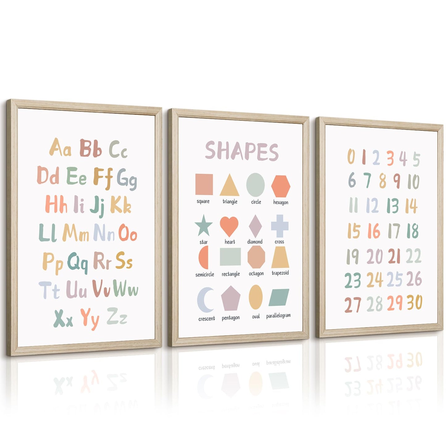 Kids Playroom Wall Art Decor Nursery ABC Alphabet Poster Play Room Canvas Wall Decor Toddler Childrens Educational Artwork Numbers Shapes Prints ABC Picture for Playroom 12x16 Inch Framed Set of 3