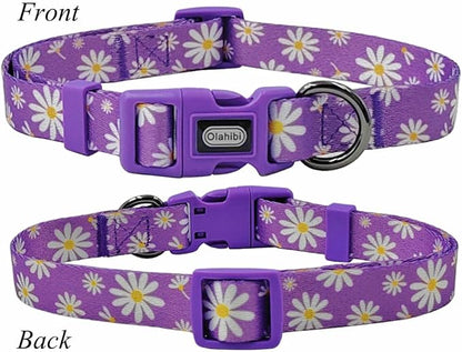 Dog Collar Leash Set, Floral Pattern, Polyester Material, Adjustable Collar and 5ft Matching Leash, for Puppy Dogs.(XS, Purple Daisy)