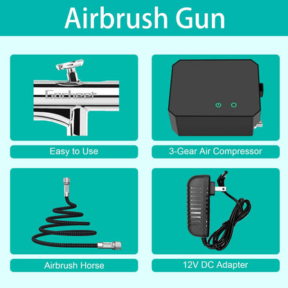 Gocheer Airbrush Kit with Air Compressor, 40 48 PSI High Pressure Air Brush Non-Clogging with 0.2/0.3/0.5mm Nozzle/Cleaning Sets, Ideal for Painting, Modeling, Cake Decor, Makeup (Black, 40 PSI)