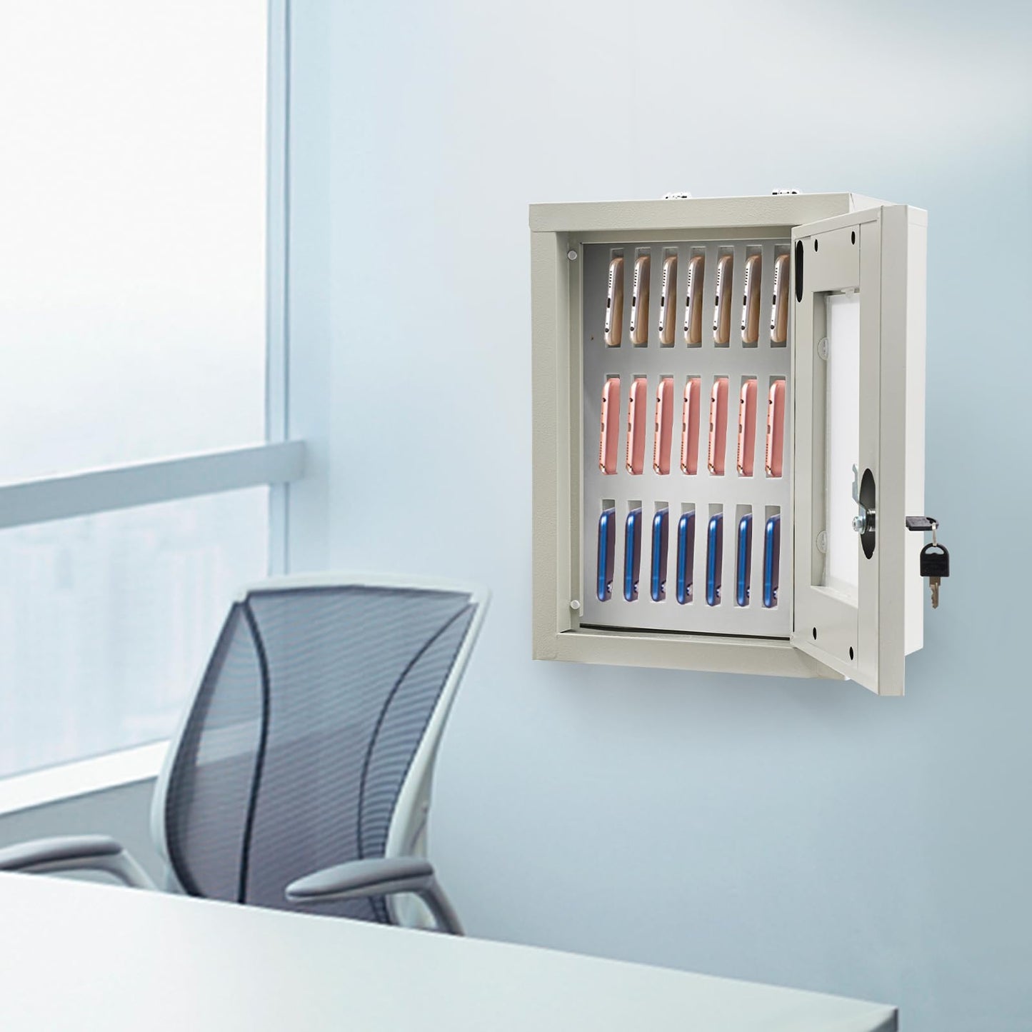 Eapmic Cell Phones Storage Cabinet Clear Cell Phone Locker Box for Pocket Cellphone Holder,Wall-Mounted&Freestanding with a Locked,Can be Carried by Hand for Office Classroom (24 Slots,Steel)