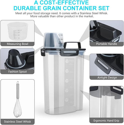 Uppetly Rice Airtight Dry Food Storage Containers, BPA Free Plastic Storage Bin Dispenser with Pourable Spout, Measuring cup for Cereal, Flour and Baking Supplies, Include a Stainless Steel Whisk