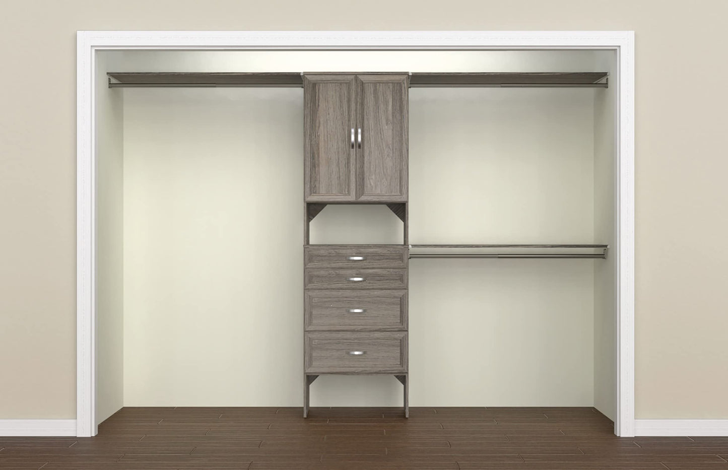 ClosetMaid SuiteSymphony Wood Closet Organizer Kit with Tower, 3 Hang Rods, Top Shelves, 4 Drawers, Doors, Adjustable, Fits Spaces 6 - 10 ft. Wide, Graphite Grey