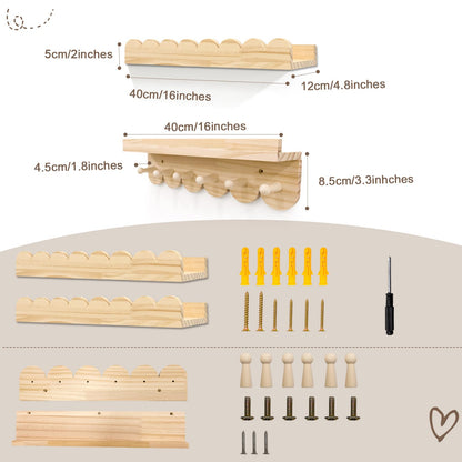 icnjdMopclean Nursery Shelves for Wall with Hooks-Scalloped Wall Book Shelves for Bedroom Kids Set of 3, Nursery Furniture Must Have, 16 Inch, Natural