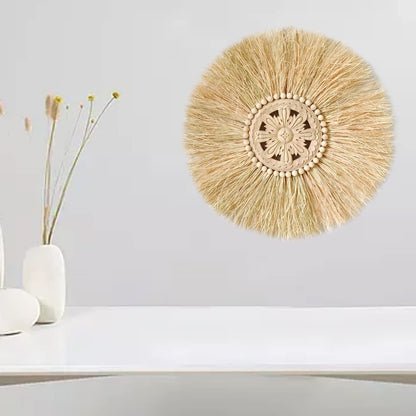 Hlsicnalm Boho Handmade Woven Straw Wall Decor Moroccan Wood Beads Wall Hanging Ornament Round Home Decoration for Living Room D