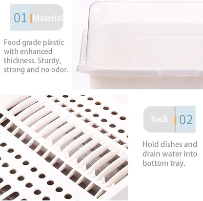 Tomorotec Medium Size Dish Drying Rack and Drain Board with Lid Cover, 16" x 12.2" x 10.6" Nursing Bottle Holder, Kitchen Plate Cup Tray Cutlery Drainer