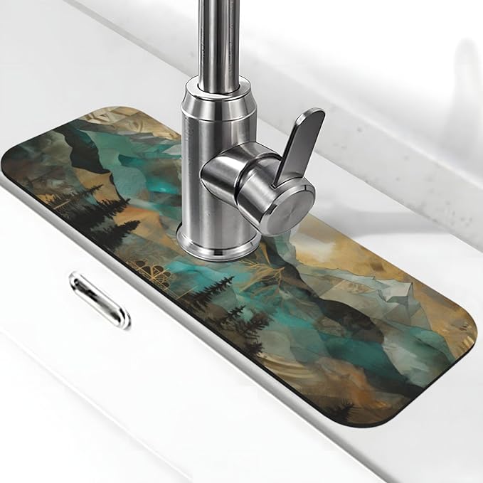 Kitchen Sink Splash Guard Faucet Mat Mountains Trees Landscape Sunrise 15"x5.5"